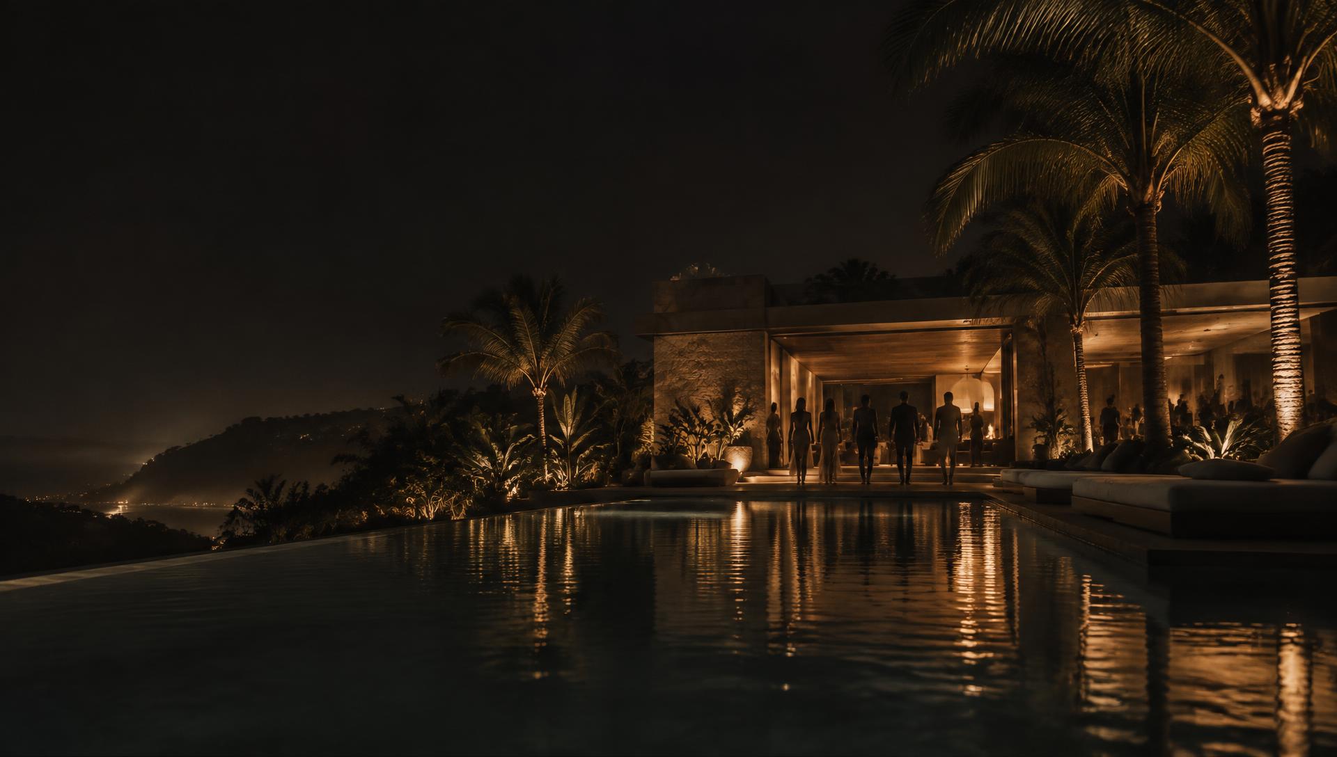 Private modern villa at night with an illuminated infinity pool